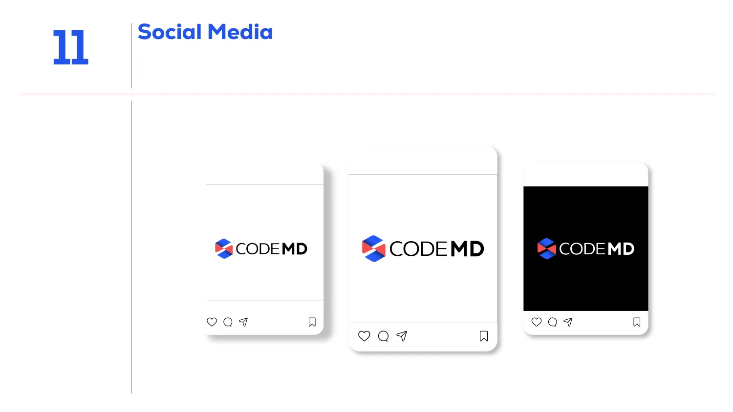 The CodeMD social media page showing three Instagram-style post mockups, two with the logo on white and one with the logo reversed out of a solid black image area