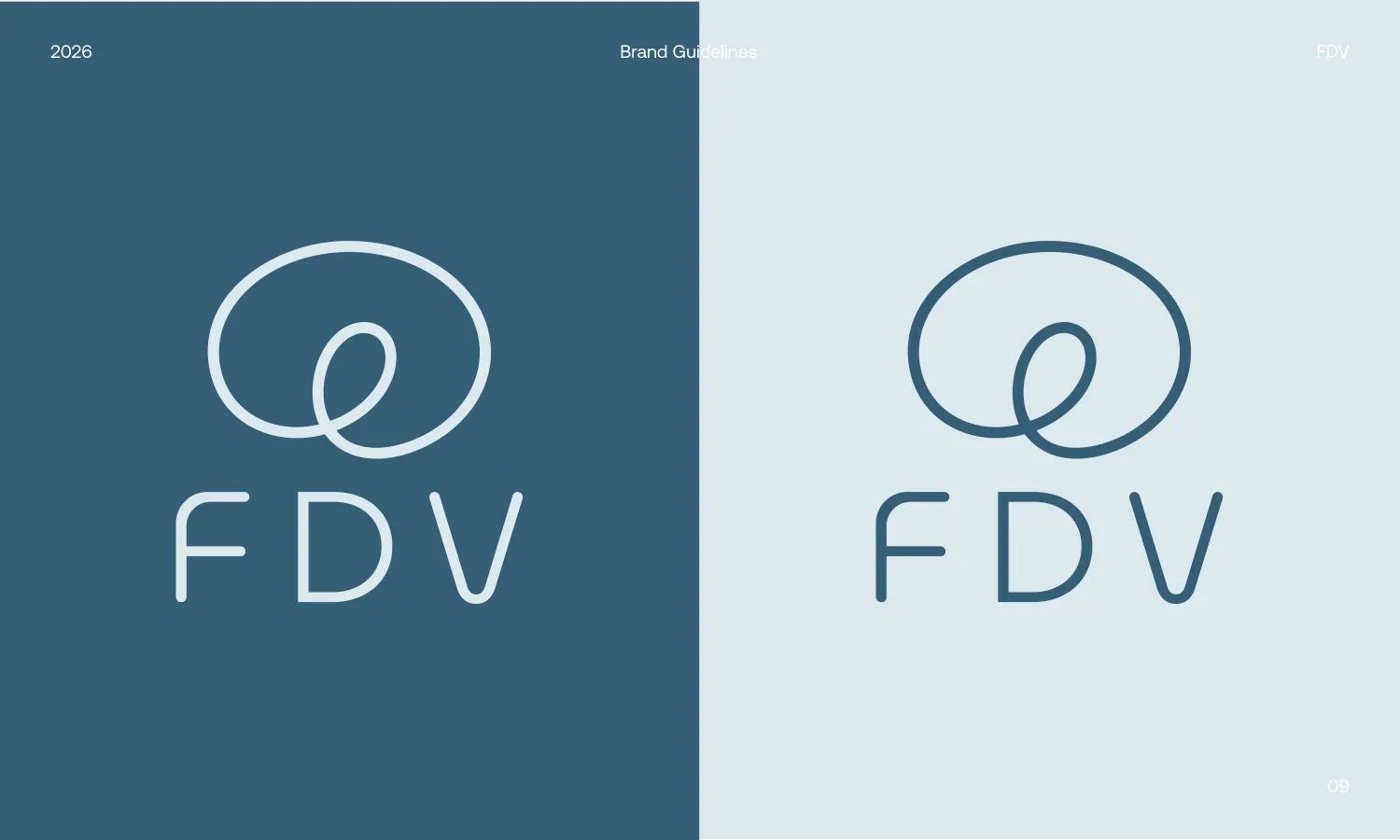 The FDV logo shown two ways: a single-stroke looped mark above the letters FDV, reversed in pale blue on steel blue and in steel blue on pale blue