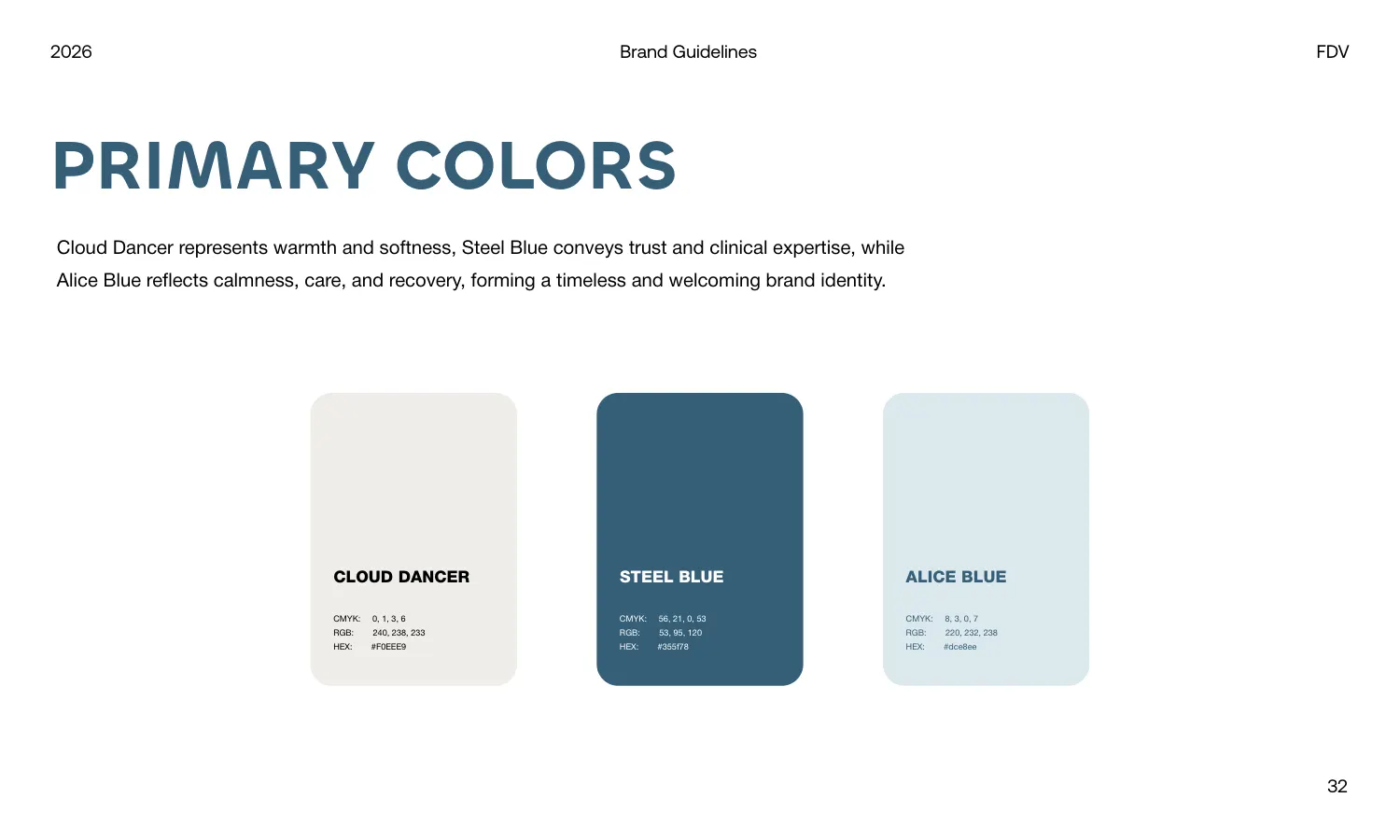 The FDV primary colours page showing Cloud Dancer, Steel Blue and Alice Blue as rounded swatches with CMYK, RGB and HEX values