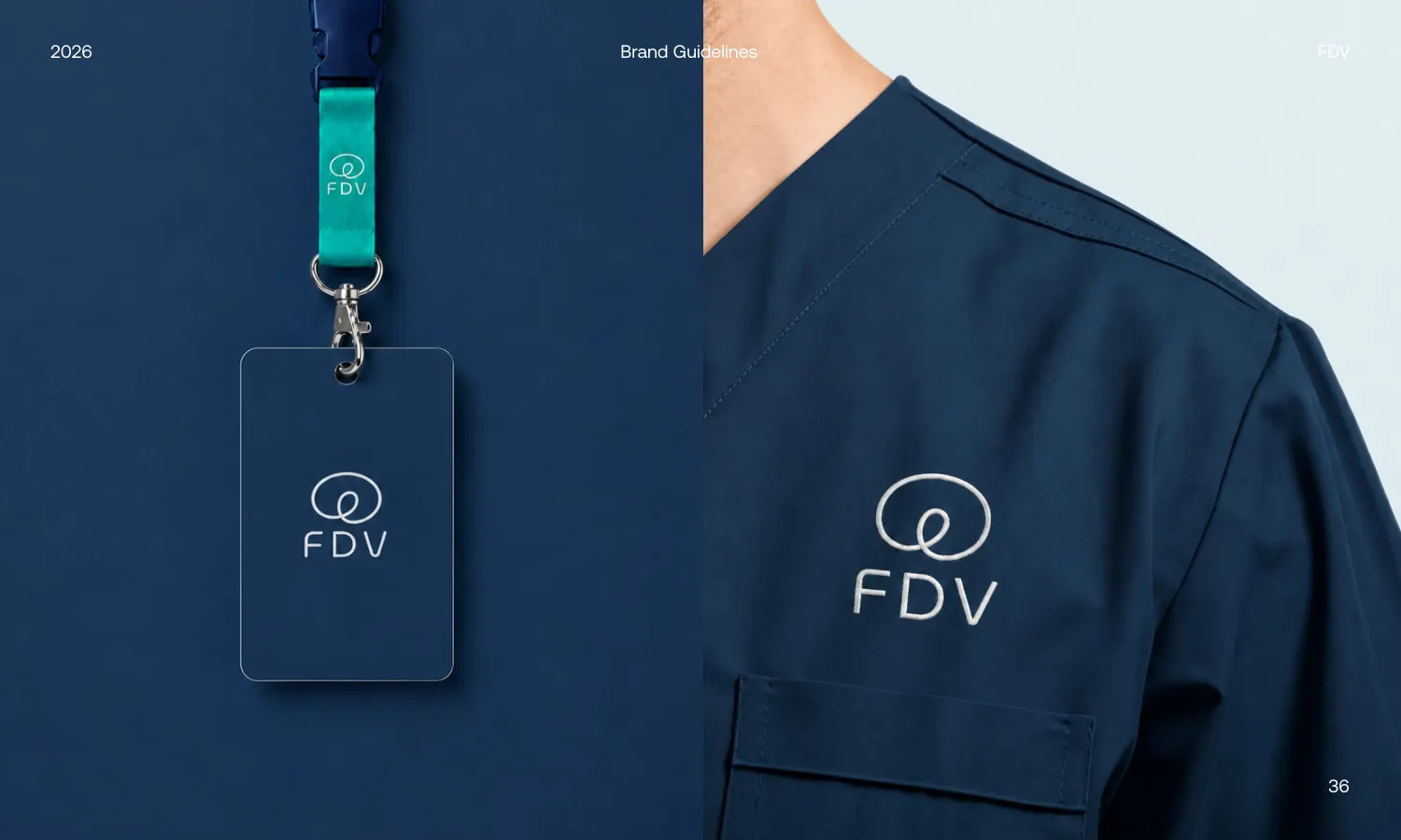 FDV brand applications: the logo on a lanyard and ID badge, and embroidered in white thread on navy clinical scrubs