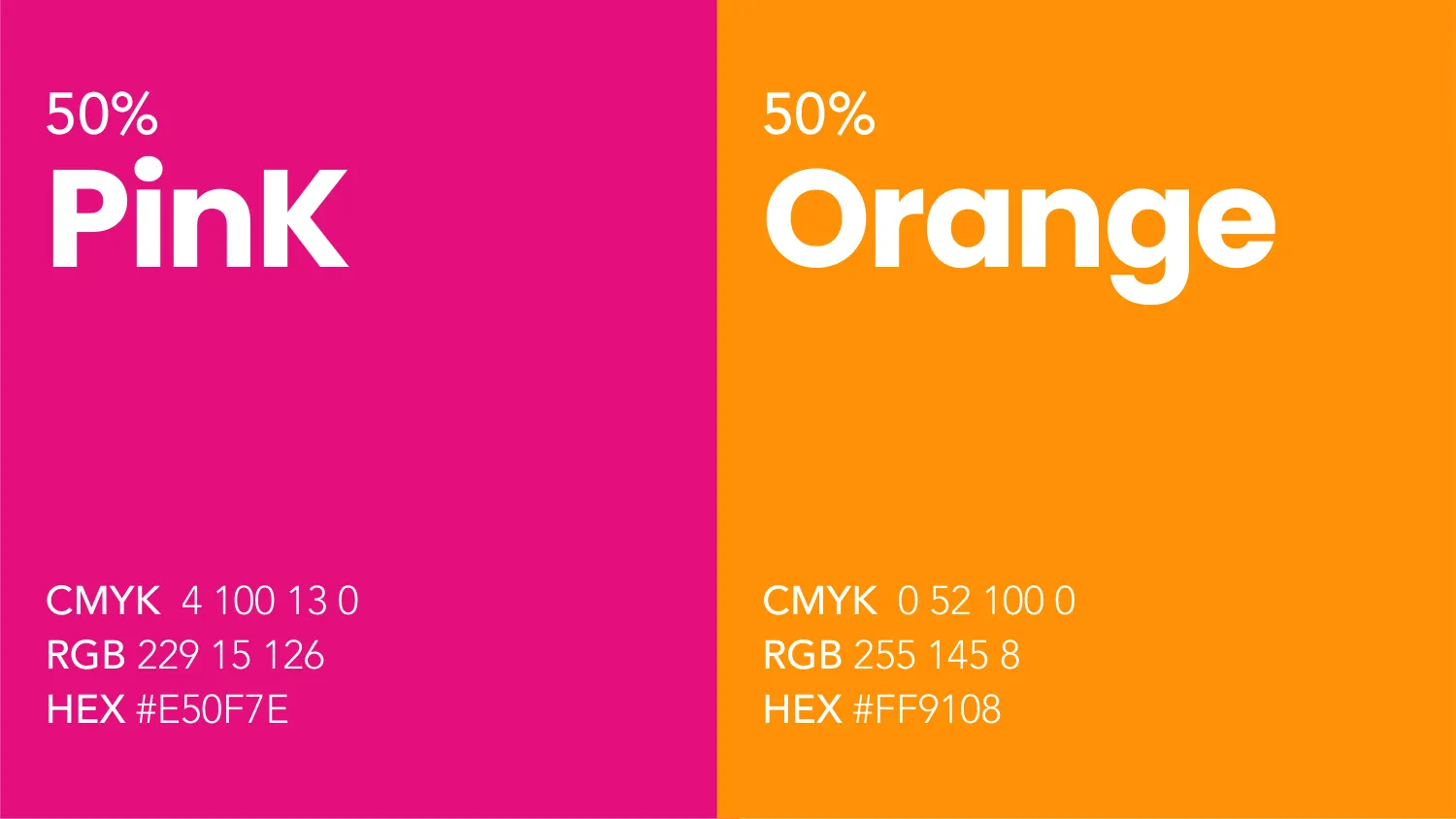 The Fox Therapy colour page showing Pink and Orange at 50 percent as two full-height panels with CMYK, RGB and HEX values listed on each