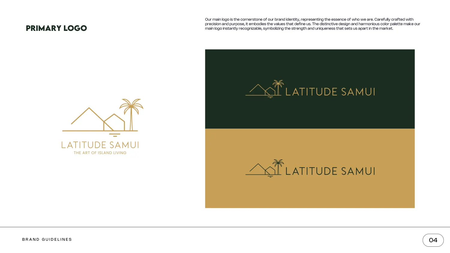 The Latitude Samui primary logo: a hairline drawing of two pitched roofs, a palm tree and a horizon above the wordmark, shown in gold on dark green and dark green on gold