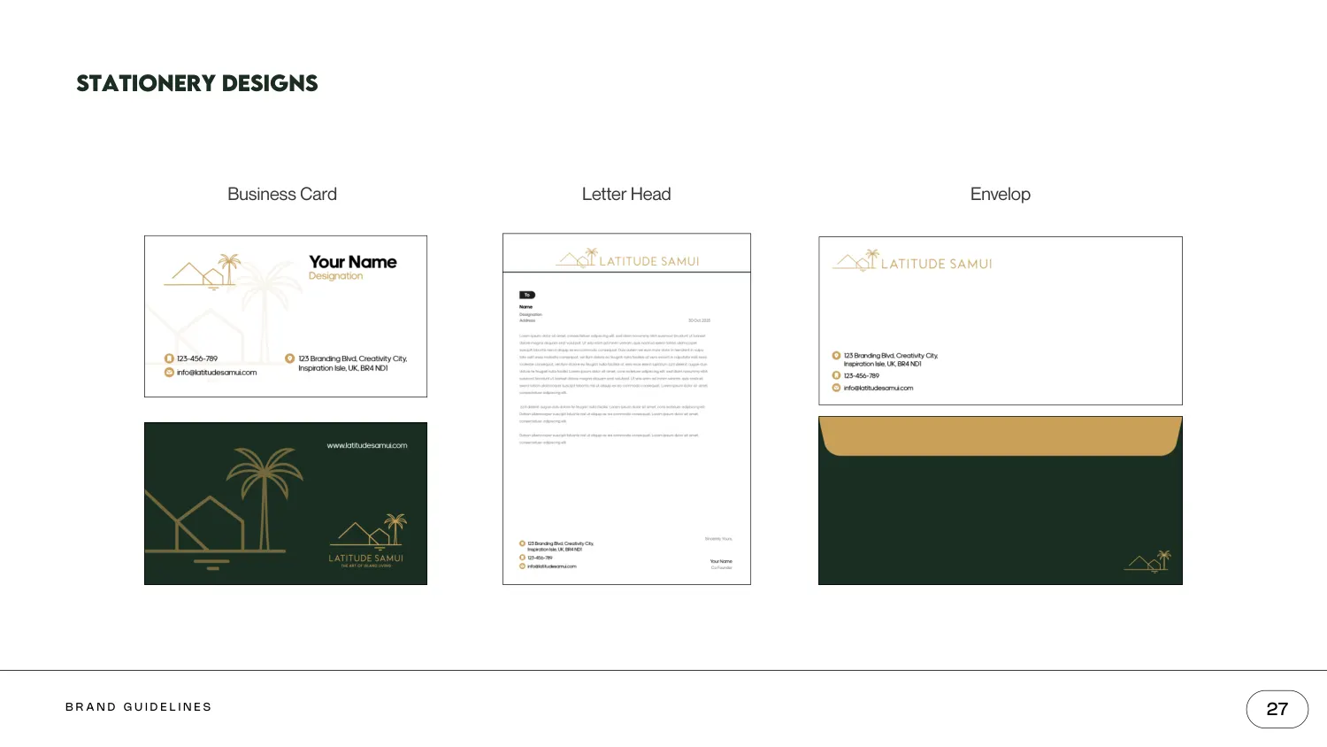 Latitude Samui stationery designs: a two-sided business card, a letterhead and a dark green envelope, all carrying the hairline logo in gold