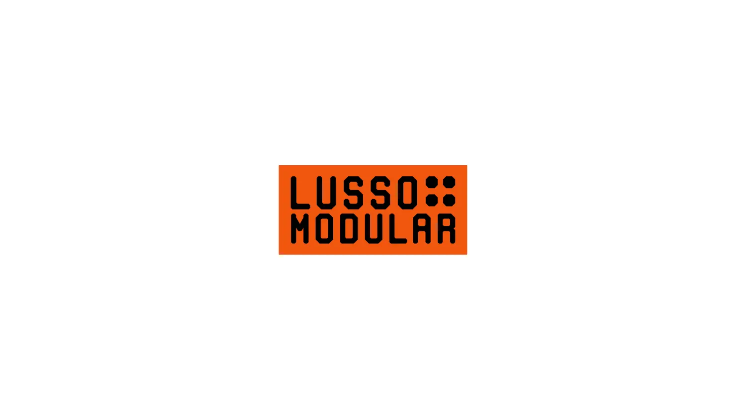 The Lusso Modular logo: LUSSO and MODULAR stacked in a squared techno typeface with a two-by-two grid of dots, black on an orange panel