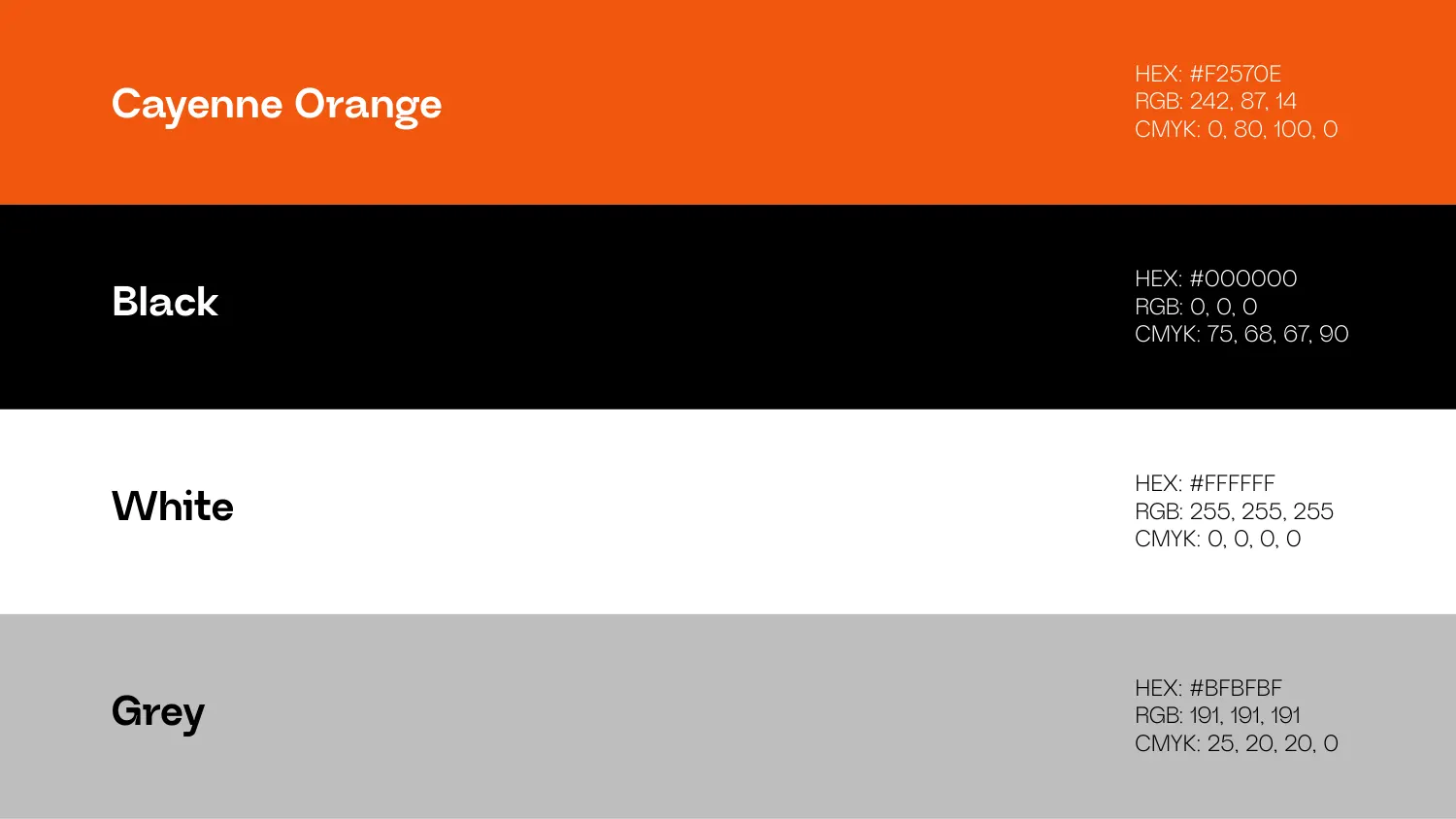 The Lusso Modular colour palette page showing Cayenne Orange, Black, White and Grey as full-width bands with HEX, RGB and CMYK values