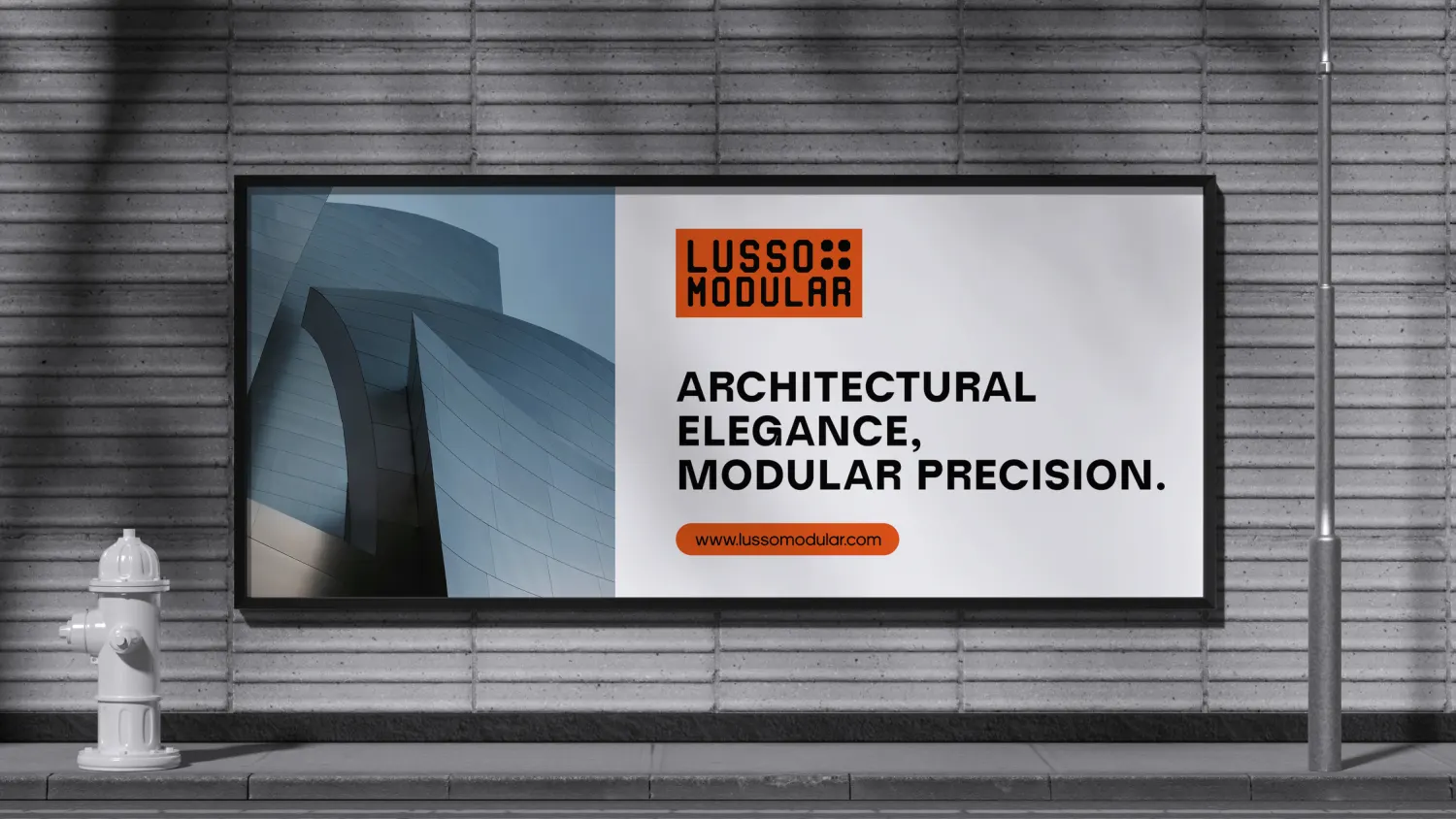 A street billboard mockup carrying the Lusso Modular logo panel, an architectural photograph and the brand web address