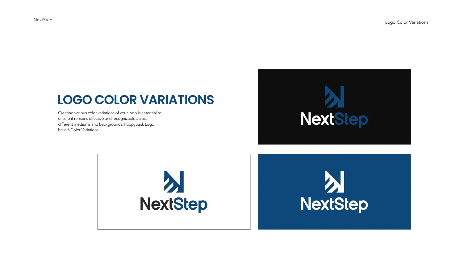 The NextStep logo colour variations page showing the stepped N lettermark and wordmark on white, black and blue grounds