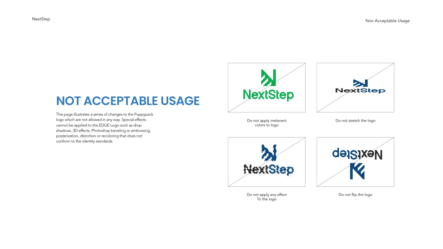 The NextStep non-acceptable usage page showing four struck-through misuses of the logo: recoloured, stretched, distorted with effects, and flipped
