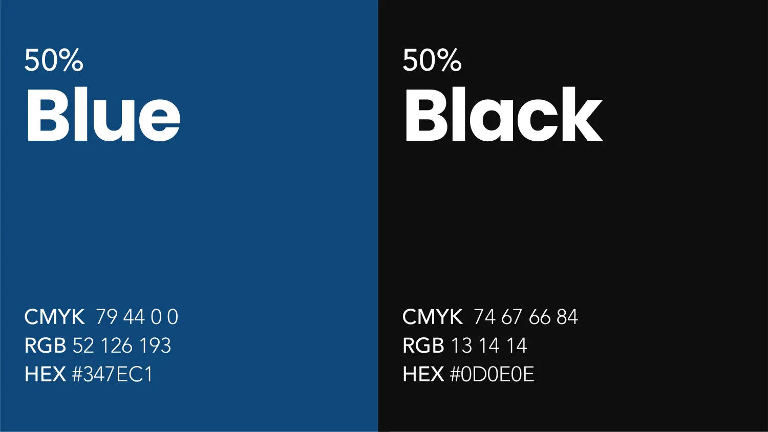 The NextStep colour page showing Blue and Black as two full-height panels labelled 50 per cent each, with CMYK, RGB and HEX values
