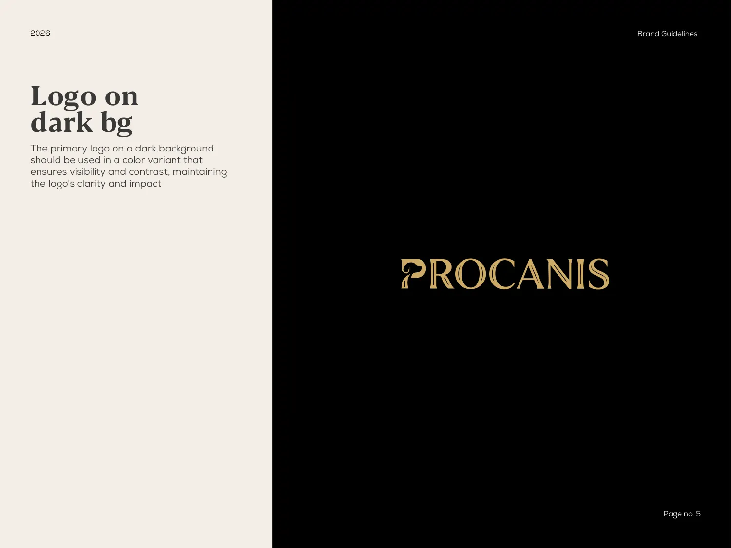The PROCANIS brand guidelines page specifying the primary logo on a dark background, with the gold wordmark shown on black beside the written rule