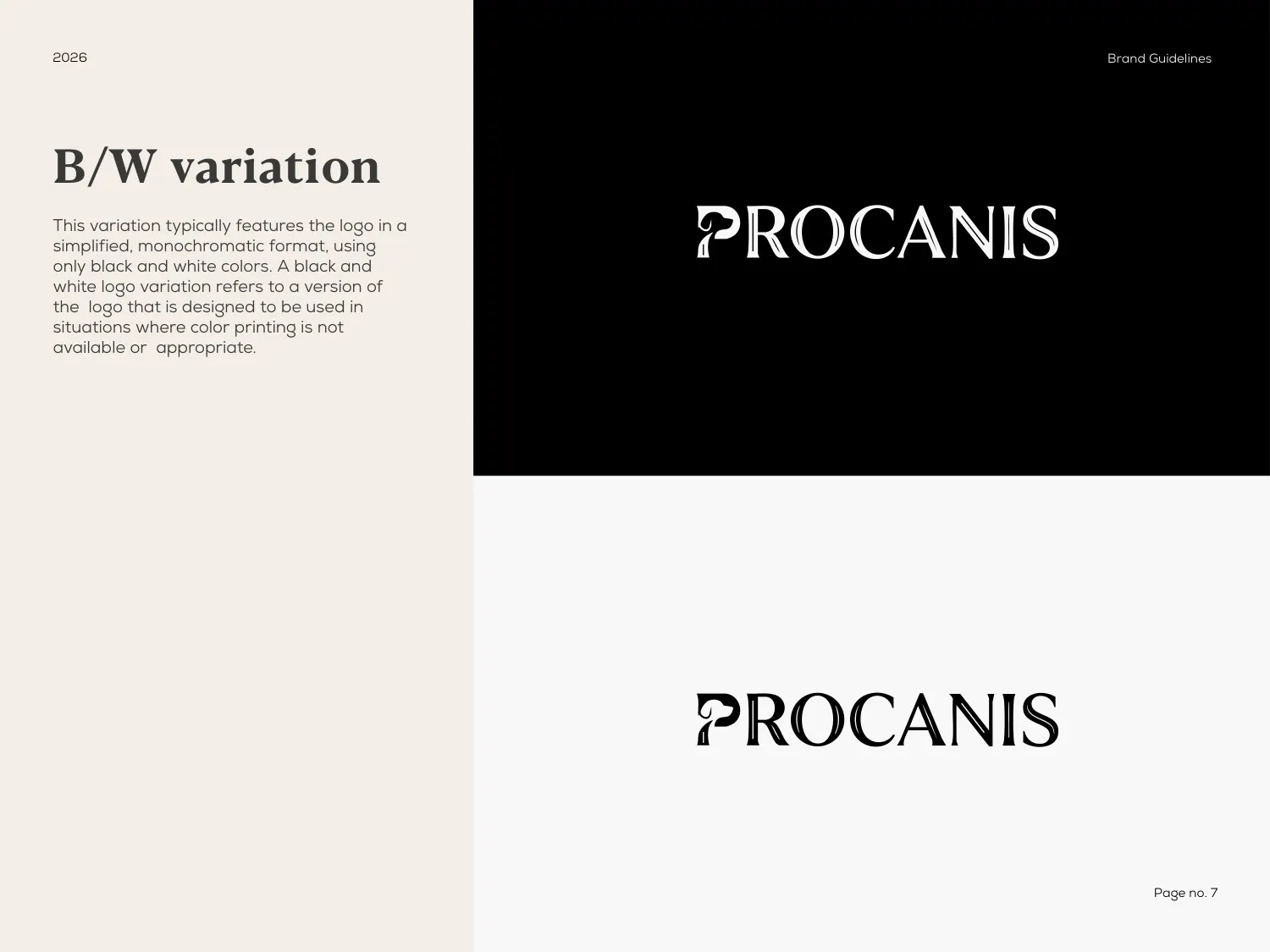 Inside the PROCANIS brand guidelines, page 7, covering logo usage, colour values and type rules