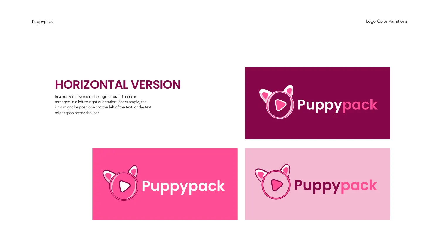 The Puppypack horizontal logo lockup shown on violet-red, pink and orchid pink grounds, with the eared circular play-button symbol to the left of the wordmark