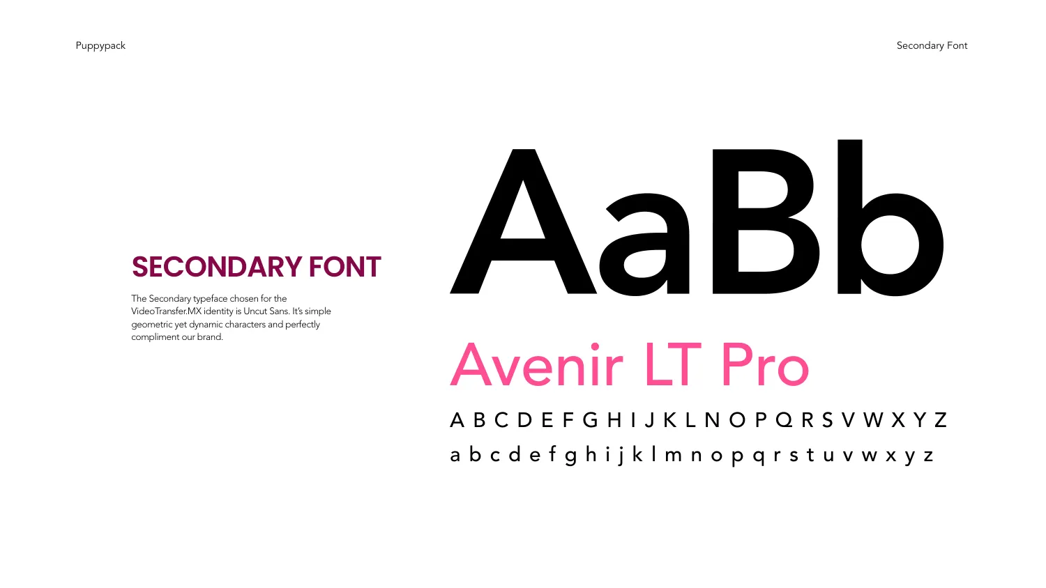 The Puppypack secondary font specimen page showing a large Aa Bb pairing above the Avenir LT Pro name and a full character set