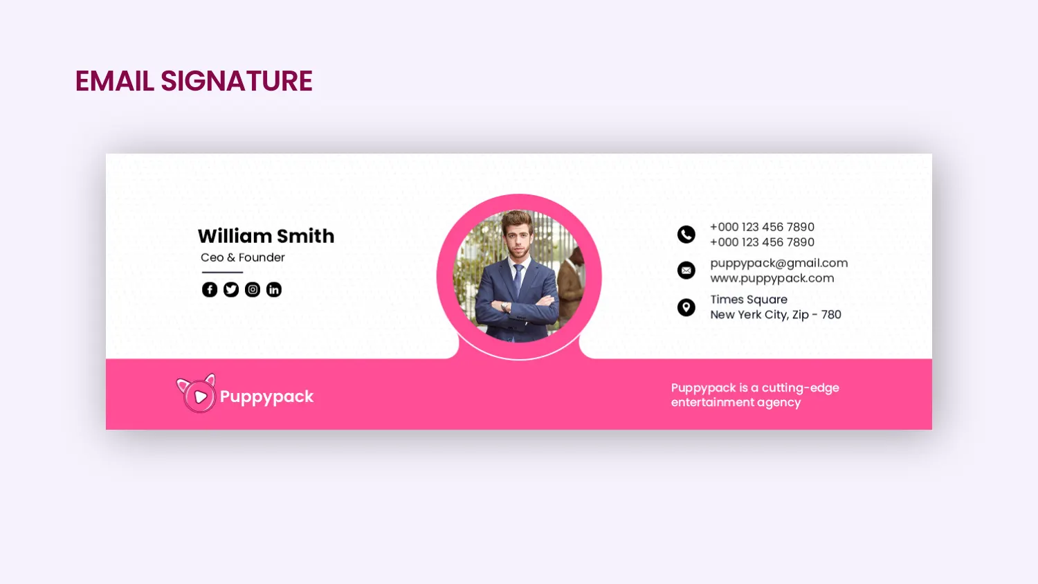 The Puppypack email signature template with a circular portrait crop ringed in pink, a contact column, social icons and a pink footer band carrying the logo