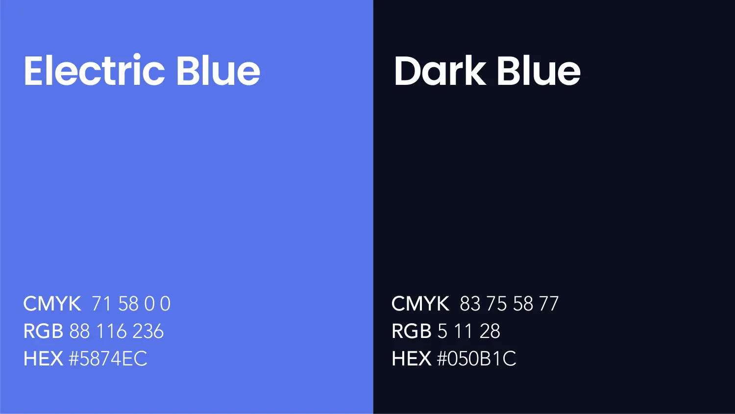 The TKG Nexus main colours page: Electric Blue and Dark Blue as two full-height panels with CMYK, RGB and HEX values